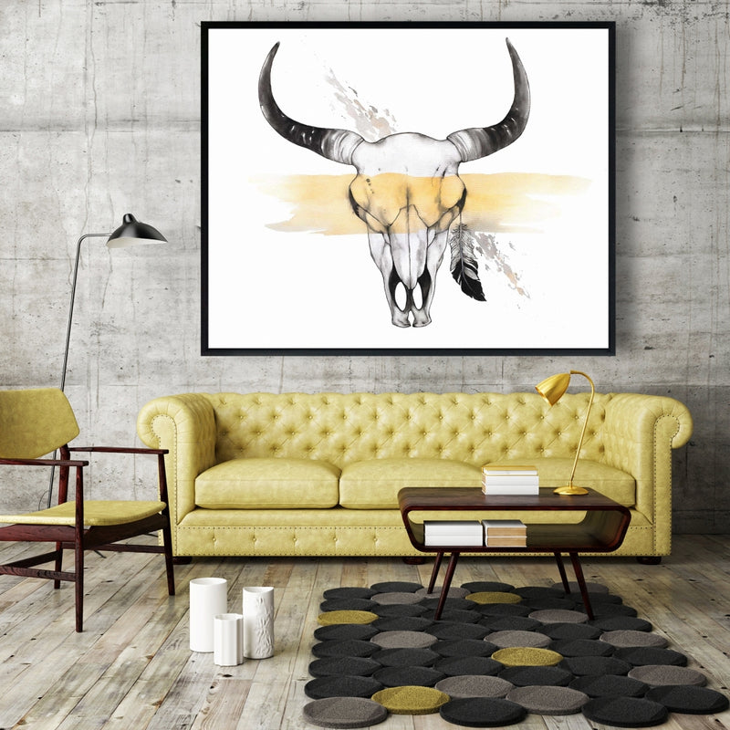 Cow Skull With Feather, Fine art gallery wrapped canvas 24x36