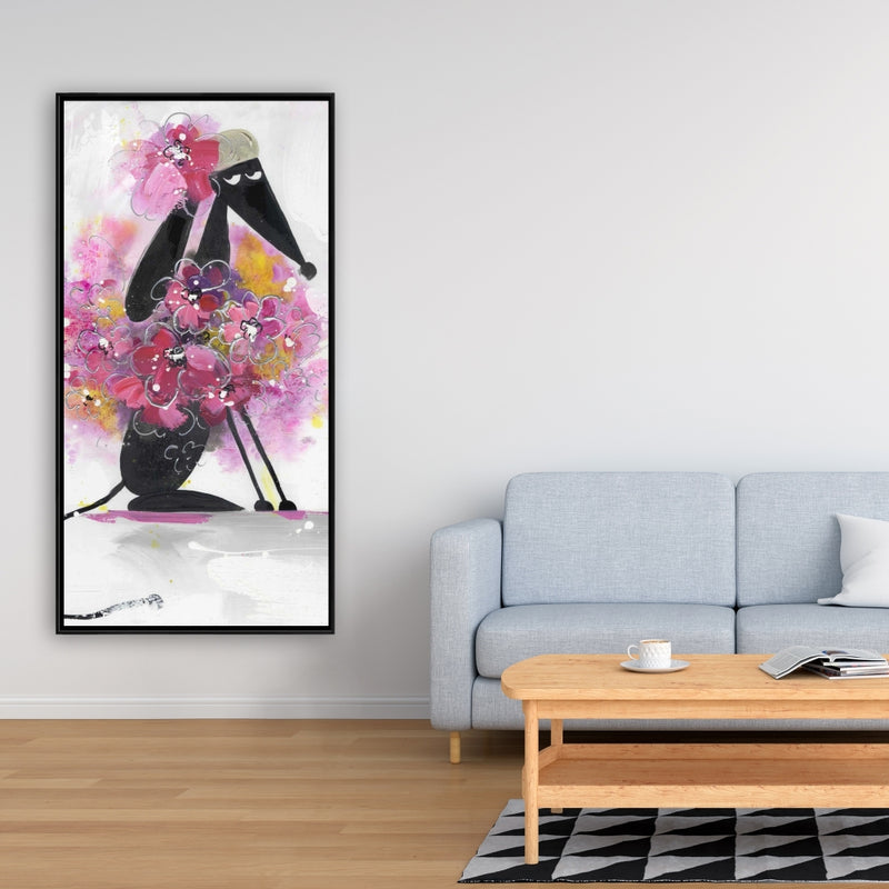 Cartoon Dog With Pink Flowers, Fine art gallery wrapped canvas 24x36