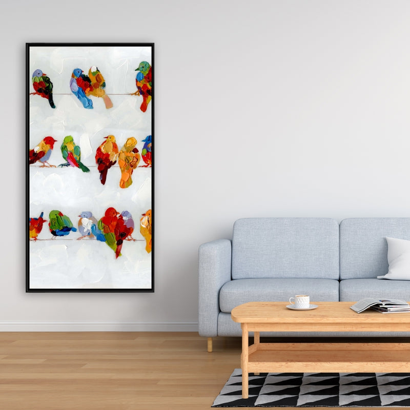 A Lot Of Colorful Birds On A Wire, Fine art gallery wrapped canvas 16x48