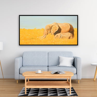 Elephant And Its Little One, Fine art gallery wrapped canvas 16x48
