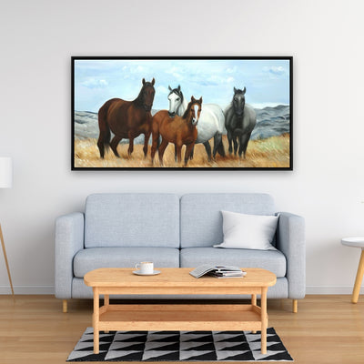 Horses In The Meadow By The Sun, Fine art gallery wrapped canvas 16x48