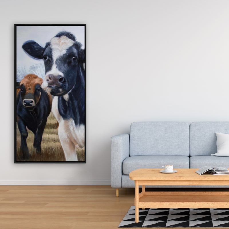 Two Cows Eating Grass, Fine art gallery wrapped canvas 36x36