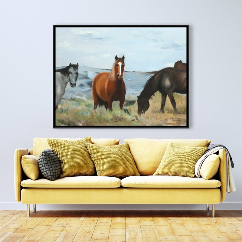 Horses Eating In The Meadow, Fine art gallery wrapped canvas 16x48