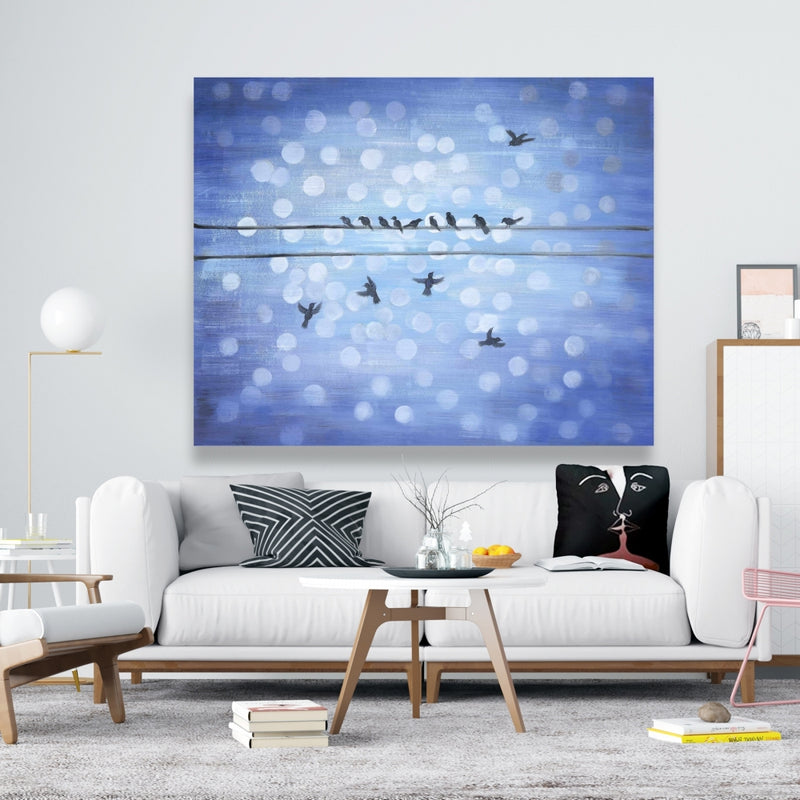 Birds On A Wire With A Clear Blue Sky, Fine art gallery wrapped canvas 24x36