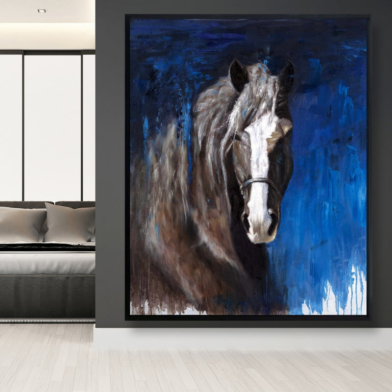 Brown Horse On Blue Background, Fine art gallery wrapped canvas 24x36