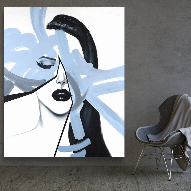 Abstract Blue Woman Portrait, Fine art gallery wrapped canvas 16x48