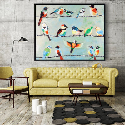 Small Abstract Colorful Birds, Fine art gallery wrapped canvas 16x48