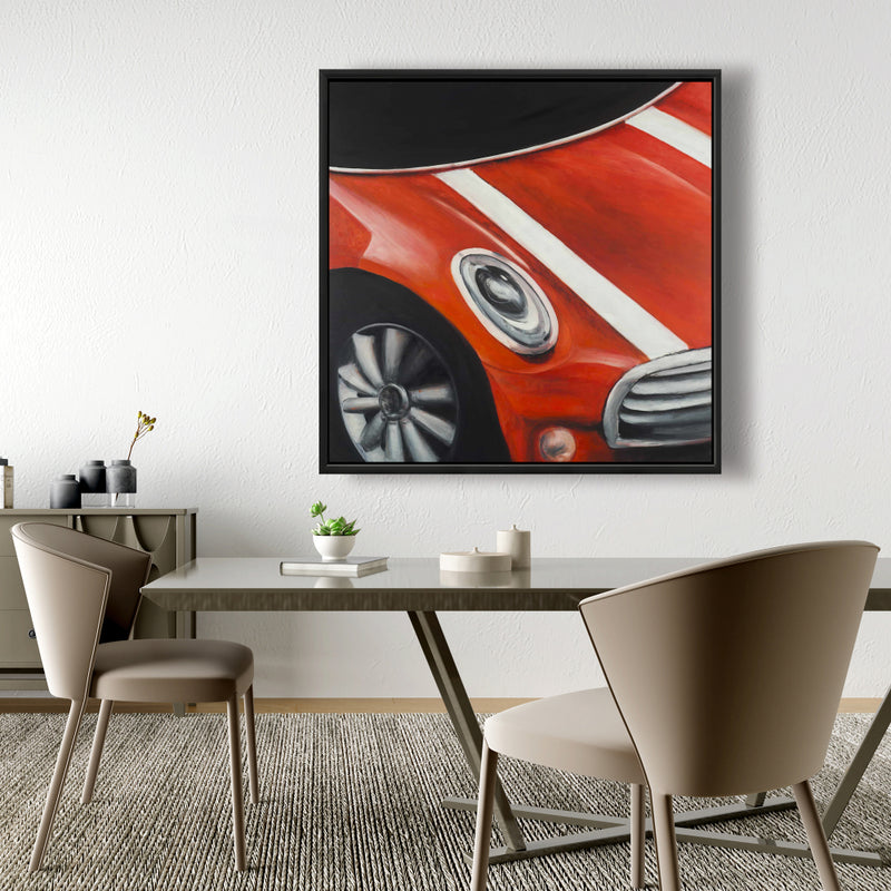 Red Car With White Stripes Closeup, Fine art gallery wrapped canvas 24x36