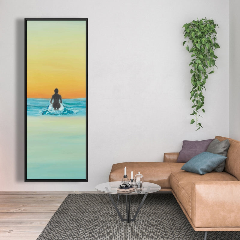 A Surfer Swimming By Dawn, Fine art gallery wrapped canvas 16x48