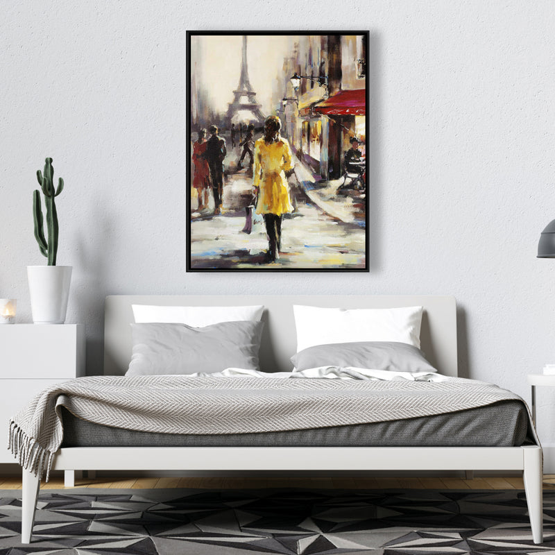 Yellow Coat Woman Walking On The Street, Fine art gallery wrapped canvas 24x36