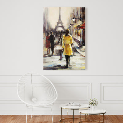 Yellow Coat Woman Walking On The Street, Fine art gallery wrapped canvas 24x36