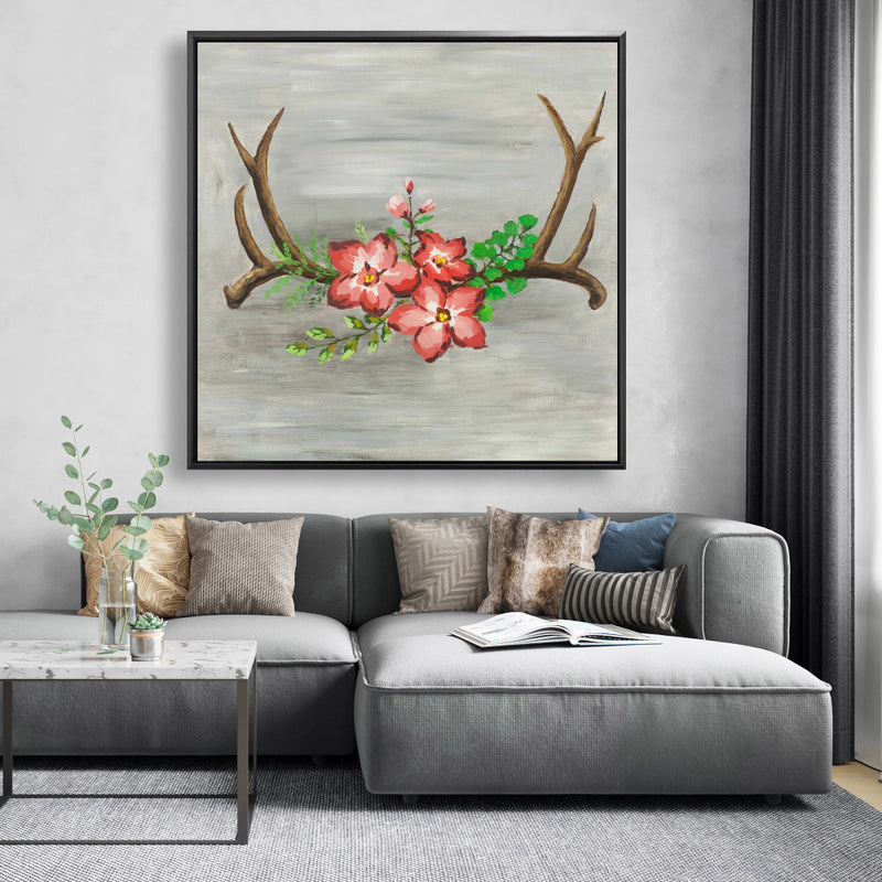 Deer Horns And Pink Flowers, Fine art gallery wrapped canvas 36x36