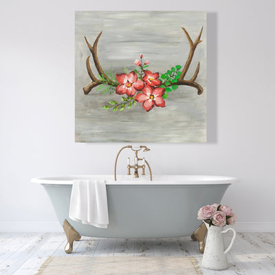 Deer Horns And Pink Flowers, Fine art gallery wrapped canvas 36x36