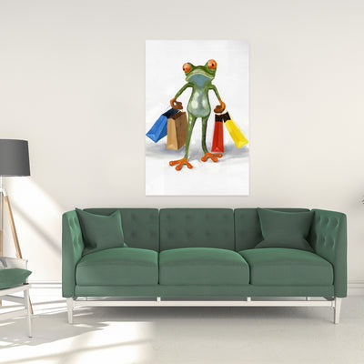 Funny Frog With Shopping Bags, Fine art gallery wrapped canvas 24x36