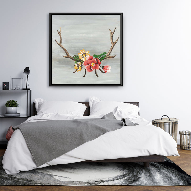 Deer Horns With Flowers, Fine art gallery wrapped canvas 36x36