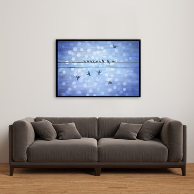 Birds On A Wire With A Clear Blue Sky, Fine art gallery wrapped canvas 24x36