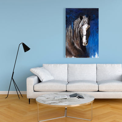 Brown Horse On Blue Background, Fine art gallery wrapped canvas 24x36