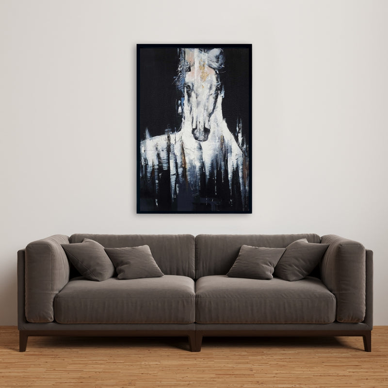 Abstract White Horse On Black Background, Fine art gallery wrapped canvas 24x36