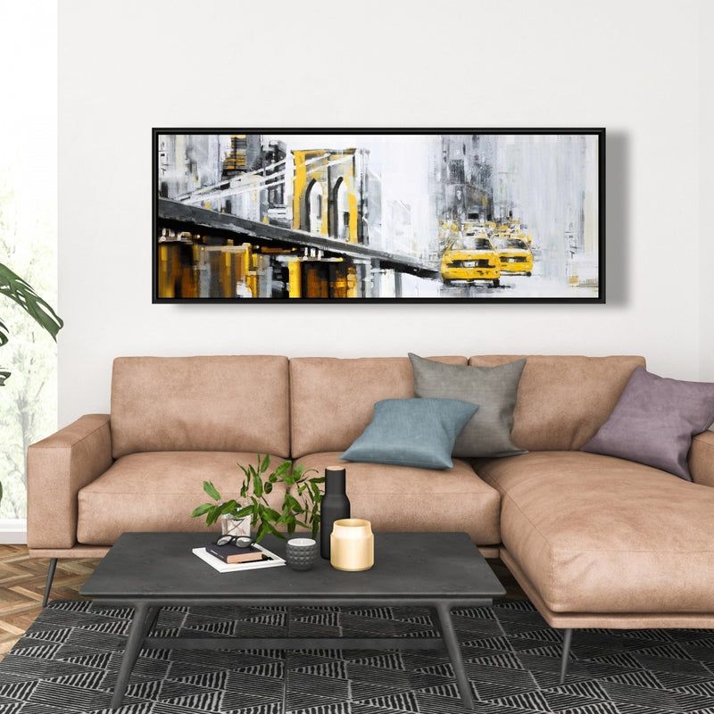 Yellow Brooklyn Bridge With Taxis, Fine art gallery wrapped canvas 16x48
