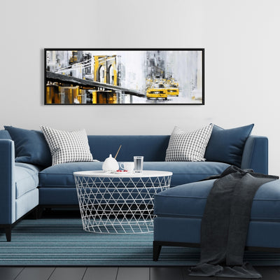 Yellow Brooklyn Bridge With Taxis, Fine art gallery wrapped canvas 16x48