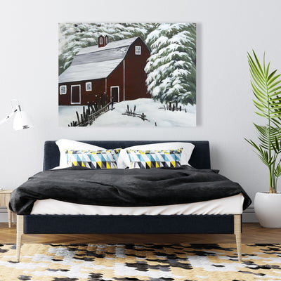 Red Barn In Snow, Fine art gallery wrapped canvas 24x36