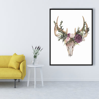 Deer Skull With Flowers, Fine art gallery wrapped canvas 24x36