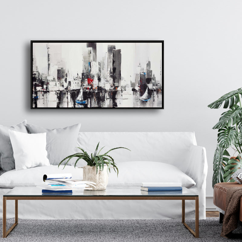 Abstract Boats With Cityscape, Fine art gallery wrapped canvas 16x48
